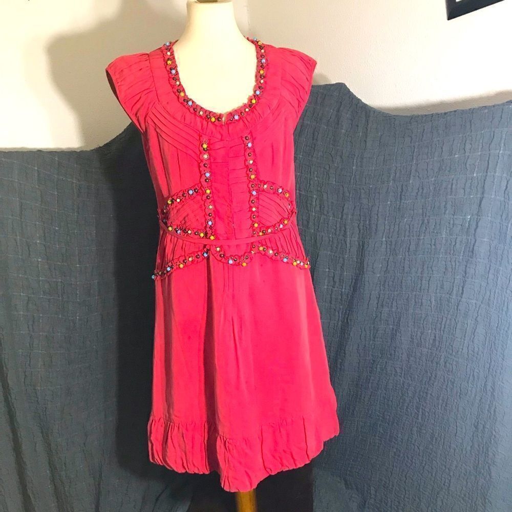 Nanette Lepore Coral 100% Silk Beaded Dress Size S